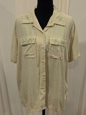 Vtg STUNT 100% Silk Camp Shirt XL Cream Embroidered Raw Silk Button Up Boho